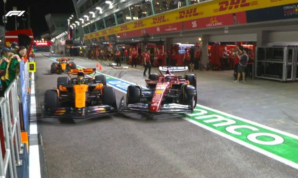 bizarre-incident:-ferrari’s-leclerc-collides-with-norris’-mclaren-in-singapore-pits