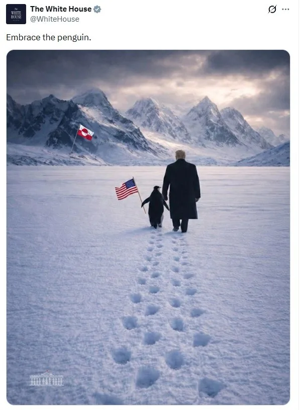 casa-branca-posta-montagem-de-trump-com-pinguim-na-groenlandia-e-vira-alvo-de-chacota:-‘nao-existem-no-artico’-–-g1