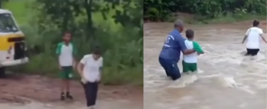 sacrificio:-alunos-atravessam-corrego-a-pe-para-chegar-a-escola-em-crixas