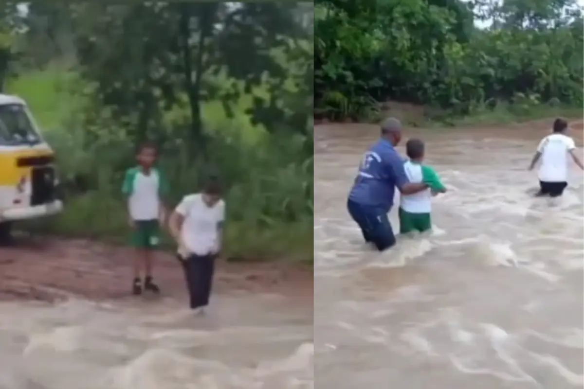 sacrificio:-alunos-atravessam-corrego-a-pe-para-chegar-a-escola-em-crixas