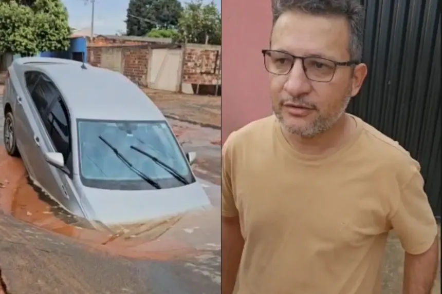 Carro de motorista de aplicativo engolido por cratera em Aparecida