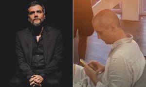 Wagner Moura com visual novo, cabelo raspado e sem barba, em ensaio