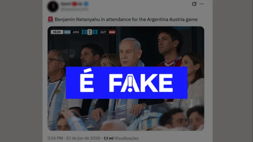 Imagem falsa de Benjamin Netanyahu na arquibancada da Copa do Mundo