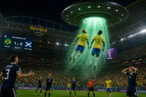 Neymar e Vini Jr. abduzidos por ETs no jogo contra Escócia