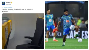 Meme Ryanair Endrick com Carlo Ancelotti e assento sem janela