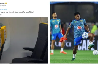 Meme Ryanair Endrick com Carlo Ancelotti e assento sem janela