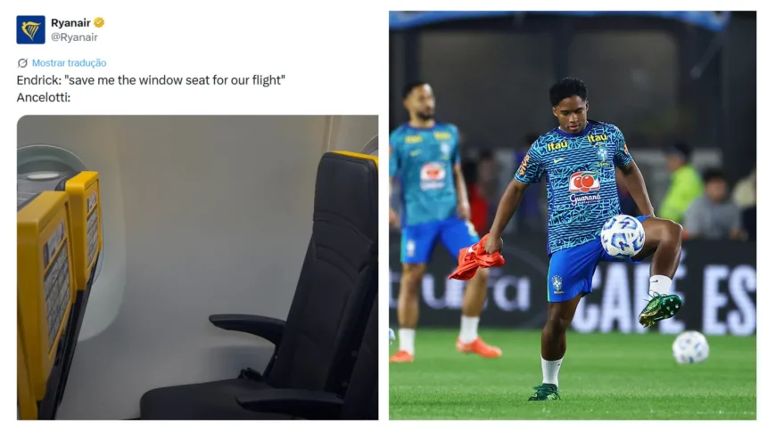 Meme Ryanair Endrick com Carlo Ancelotti e assento sem janela