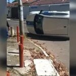 carro-da-saneago-capota-apos-acidente-no-setor-coimbra,-em-goiania