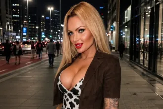 Mulher Pera com heterocromia artificial exibindo olhos de cores diferentes