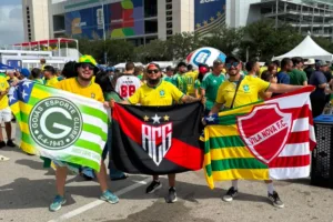 Torcedores unidos na Copa com bandeiras de clubes goianos