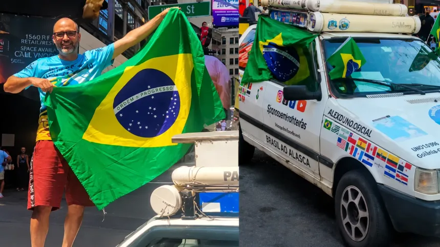 Após cruzar 15 países de Uno 1996, goiano chega à Times Square; vídeo 1 Goiano chega à Times Square após viagem de Uno 1996