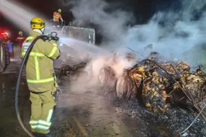 Acidente com caminhão na GO-112, incêndio destrói veículo