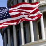 Bandeira dos EUA e Capitólio destacando o impacto da IA no Congresso