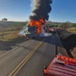 onibus-pega-fogo-na-br-364,-em-mineiros,-e-incendio-atinge-vegetacao;-video