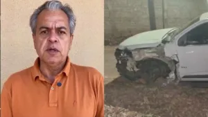 Ernesto Roller ao lado da caminhonete após acidente em Anápolis