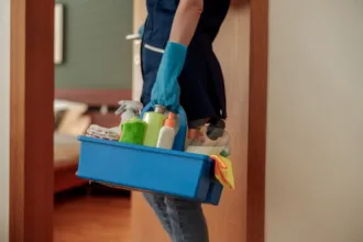 Empregada doméstica com produtos de limpeza, regras para empregadores
