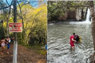 Placa de alerta sobre afogamentos na Cachoeira da Laje