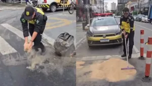 agentes-de-transito-usam-serragem-para-cobrir-oleo-derramado-na-rua-4,-em-goiania;-video
