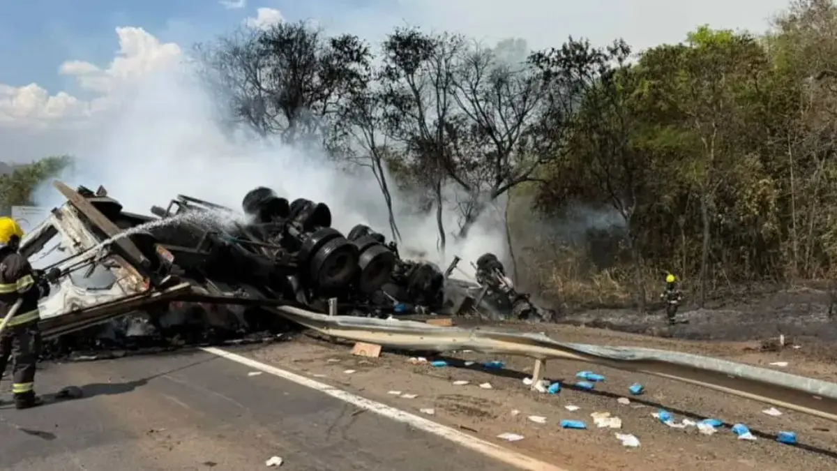 Motorista morre após caminhão pegar fogo em acidente na BR-153, em São Luiz do Norte