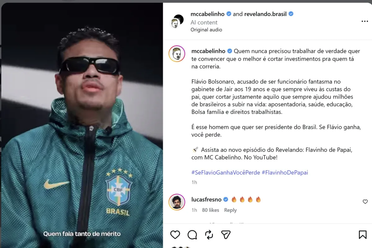 mc-cabelinho-volta-a-publicar-video-contra-flavio-bolsonaro-apos-postagem-ser-derrubada-pela-meta